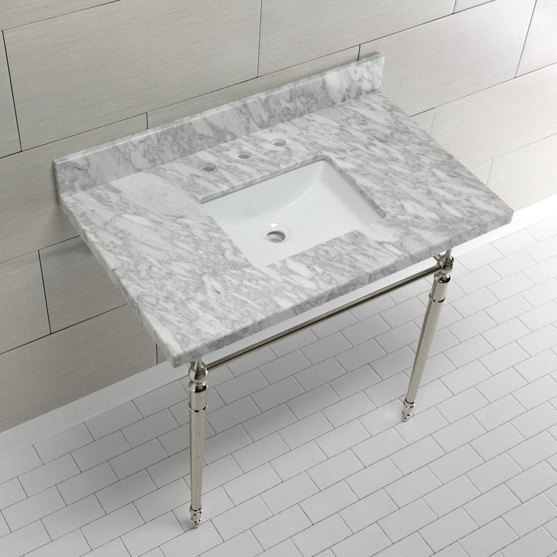 Edwardian 36-Inch Carrara Marble Console Sink with Brass Legs (8-Inch, 3-Hole)