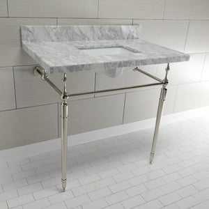 Edwardian 36-Inch Carrara Marble Console Sink with Brass Legs (8-Inch, 3-Hole)