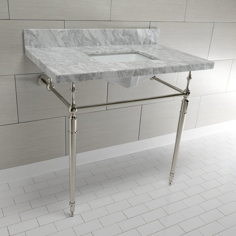 Edwardian 36-Inch Carrara Marble Console Sink with Brass Legs (8-Inch, 3-Hole)