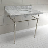 Edwardian 36-Inch Carrara Marble Console Sink with Brass Legs (8-Inch, 3-Hole)