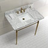 Edwardian 36-Inch Carrara Marble Console Sink with Brass Legs (8-Inch, 3-Hole)