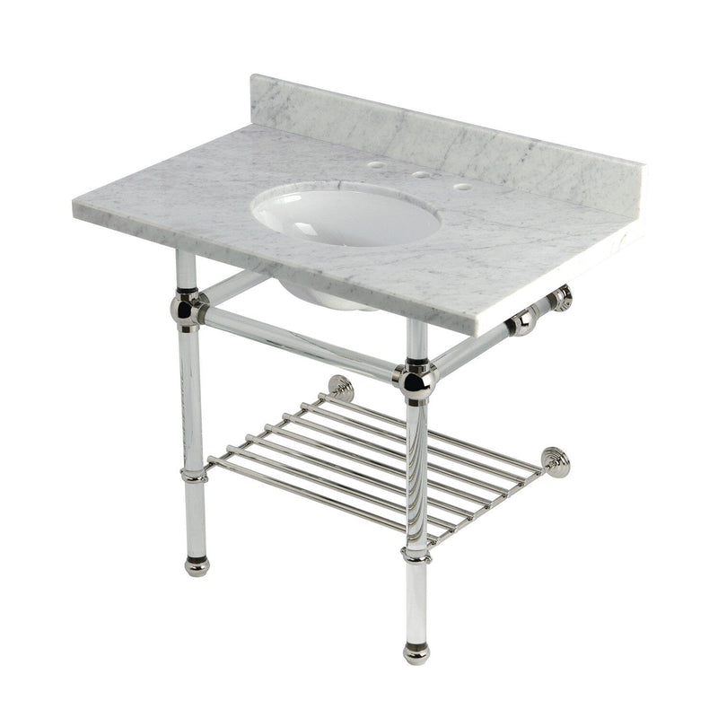 Templeton 36-Inch Carrara Marble Console Sink with Acrylic Legs and Shelf (8-Inch, 3-Hole)