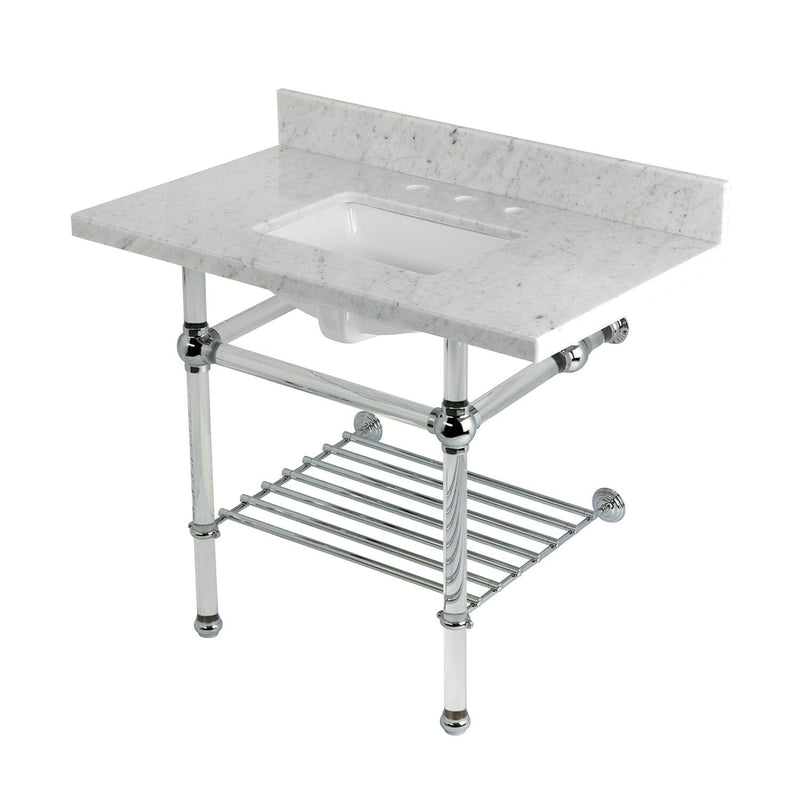 Templeton 36-Inch Carrara Marble Console Sink with Acrylic Legs and Shelf (8-Inch, 3-Hole)