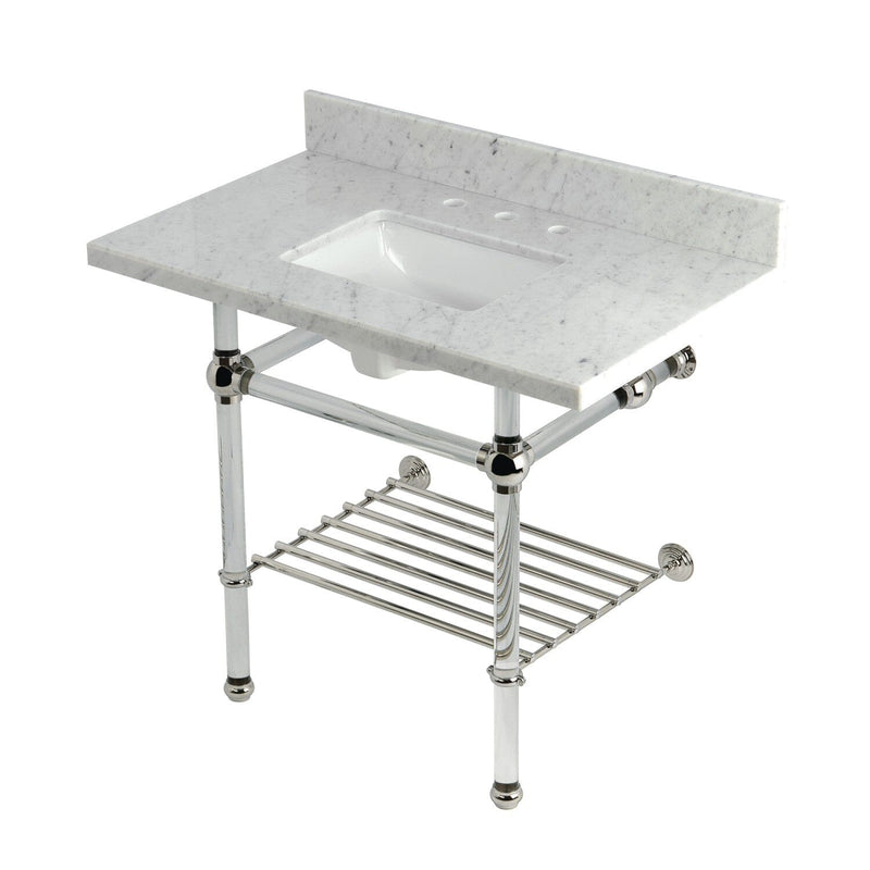 Templeton 36-Inch Carrara Marble Console Sink with Acrylic Legs and Shelf (8-Inch, 3-Hole)