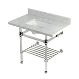 Templeton 36-Inch Carrara Marble Console Sink with Acrylic Legs and Shelf (8-Inch, 3-Hole)