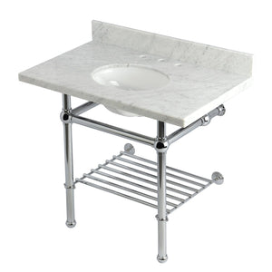 Templeton 36-Inch Carrara Marble Console Sink with Brass Legs and Shelf (8-Inch, 3-Hole)