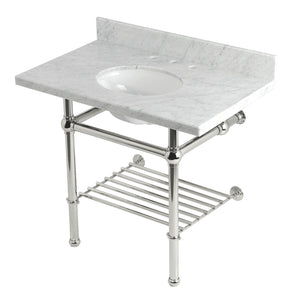 Templeton 36-Inch Carrara Marble Console Sink with Brass Legs and Shelf (8-Inch, 3-Hole)