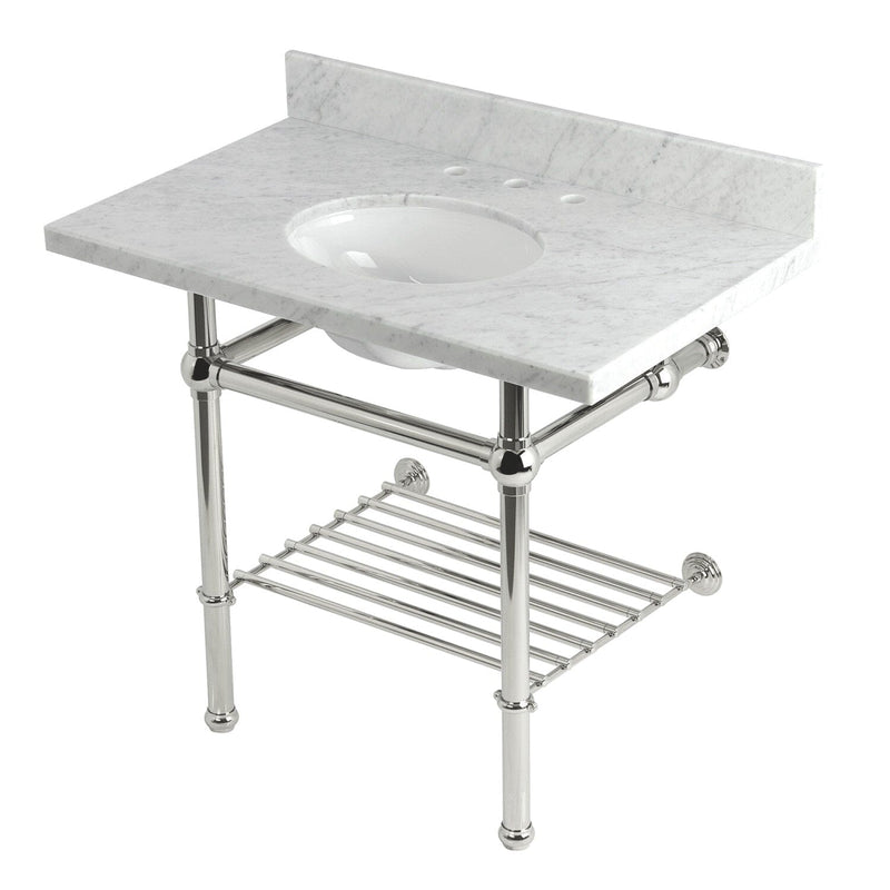 Templeton 36-Inch Carrara Marble Console Sink with Brass Legs and Shelf (8-Inch, 3-Hole)