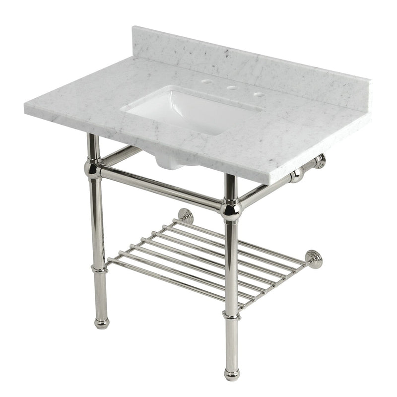 Templeton 36-Inch Carrara Marble Console Sink with Brass Legs and Shelf (8-Inch, 3-Hole)