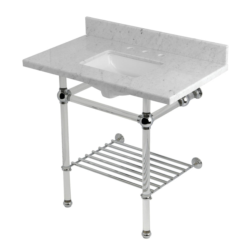 Templeton 36-Inch Carrara Marble Console Sink with Acrylic Legs and Shelf (8-Inch, 3-Hole)