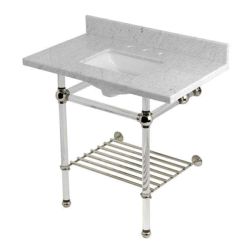 Templeton 36-Inch Carrara Marble Console Sink with Acrylic Legs and Shelf (8-Inch, 3-Hole)