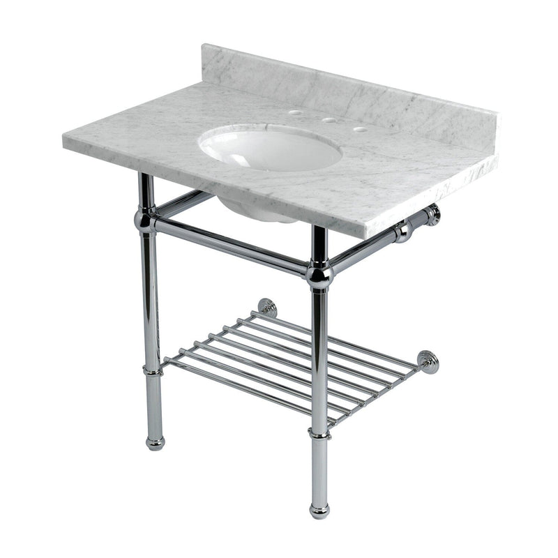 Templeton 36-Inch Carrara Marble Console Sink with Brass Legs and Shelf (8-Inch, 3-Hole)