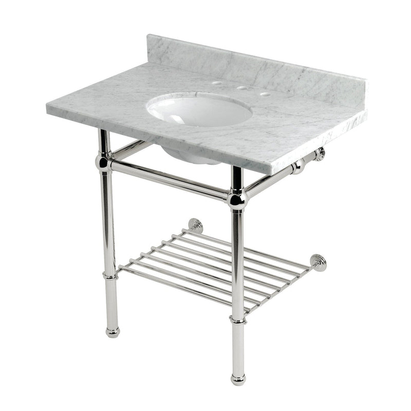 Templeton 36-Inch Carrara Marble Console Sink with Brass Legs and Shelf (8-Inch, 3-Hole)