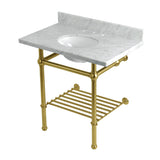 Templeton 36-Inch Carrara Marble Console Sink with Brass Legs and Shelf (8-Inch, 3-Hole)