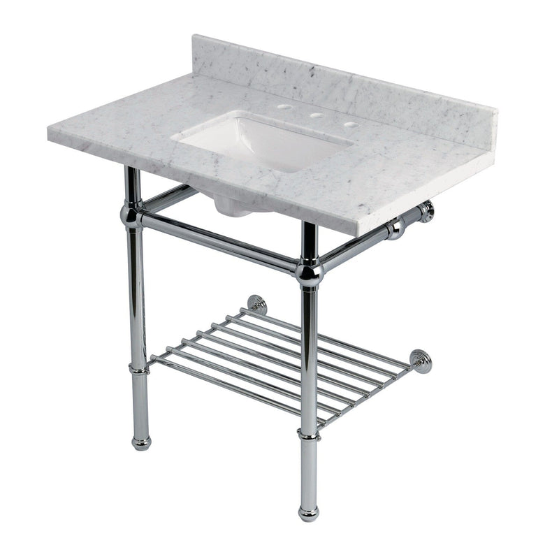 Templeton 36-Inch Carrara Marble Console Sink with Brass Legs and Shelf (8-Inch, 3-Hole)