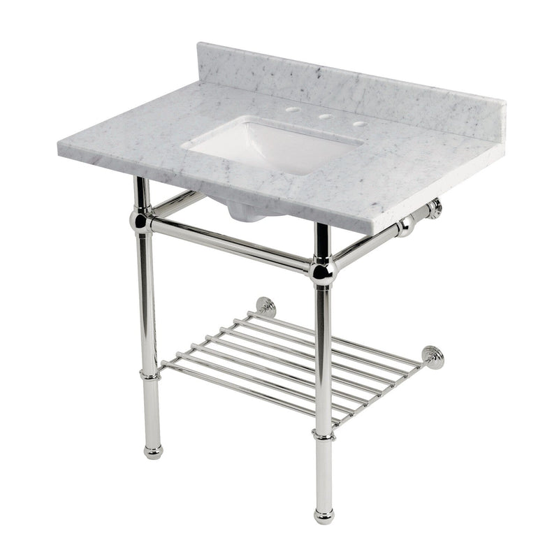 Templeton 36-Inch Carrara Marble Console Sink with Brass Legs and Shelf (8-Inch, 3-Hole)