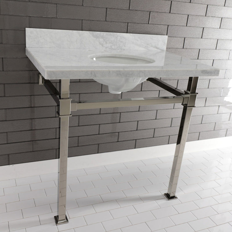 Monarch 36-Inch Carrara Marble Console Sink with Stainless Steel Legs (8-Inch, 3-Hole)