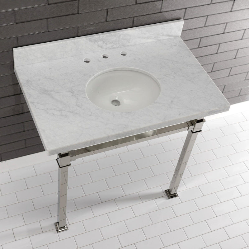 Monarch 36-Inch Carrara Marble Console Sink with Stainless Steel Legs (8-Inch, 3-Hole)