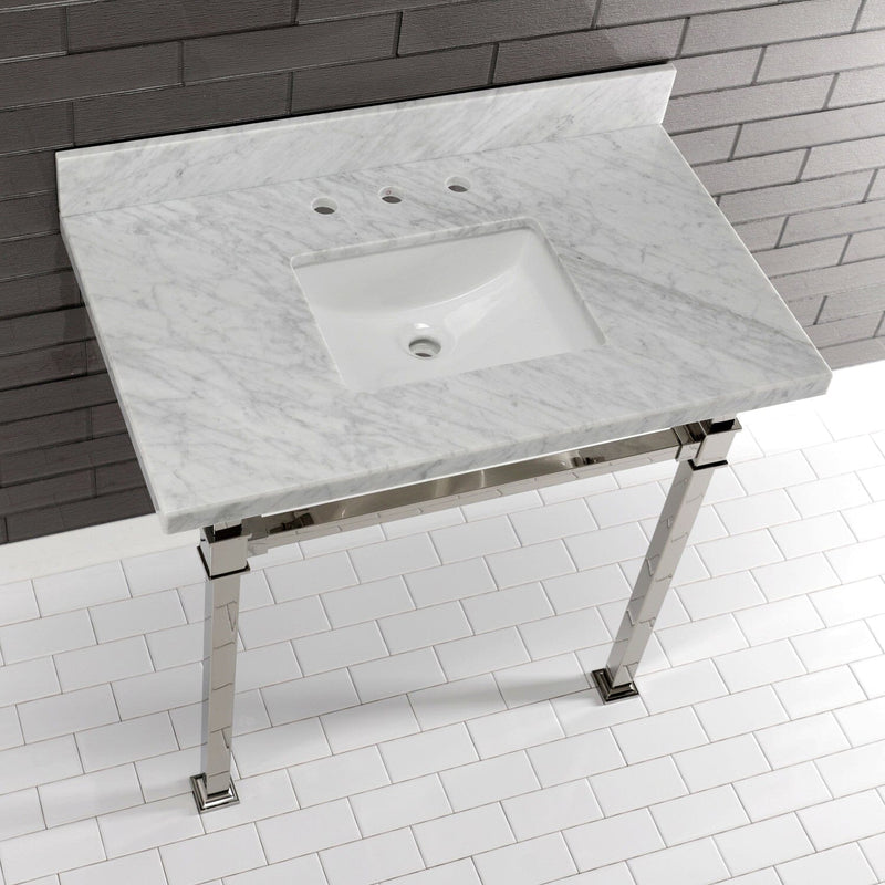 Monarch 36-Inch Carrara Marble Console Sink with Stainless Steel Legs (8-Inch, 3-Hole)