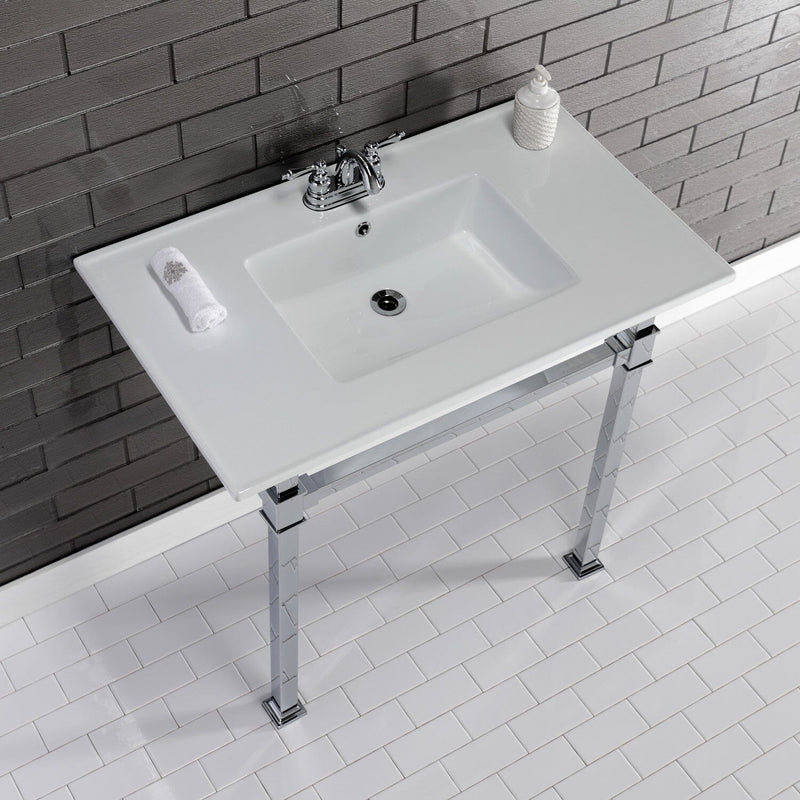 Monarch 37-Inch Ceramic Console Sink with Stainless Steel Legs (4-Inch, 3-Hole)