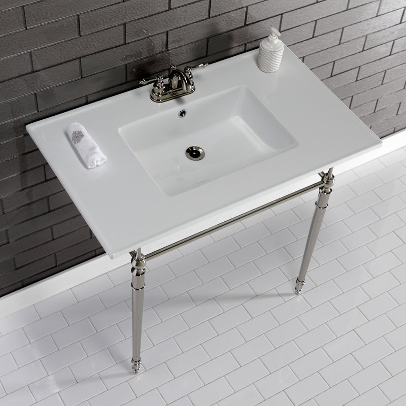 Edwardian 37-Inch Ceramic Console Sink with Brass Legs (4-Inch, 3-Hole)