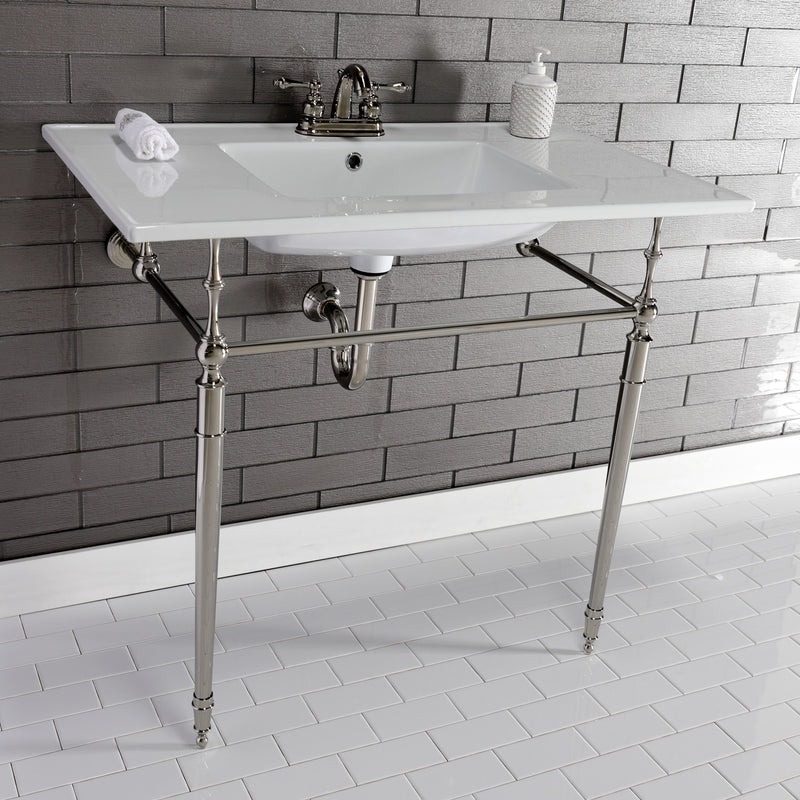 Edwardian 37-Inch Ceramic Console Sink with Brass Legs (4-Inch, 3-Hole)