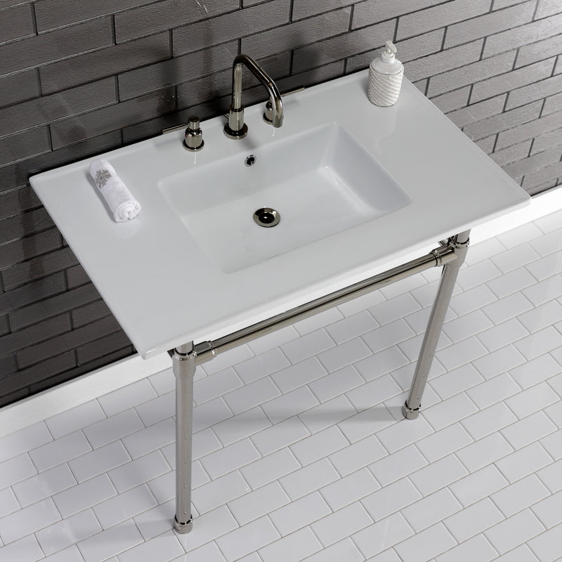 Dreyfuss 37-Inch Ceramic Console Sink with Stainless Steel Legs (8-Inch, 3-Hole)