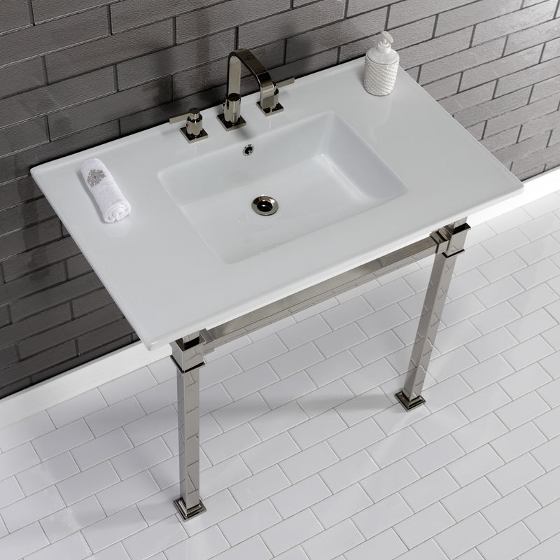 Monarch 37-Inch Ceramic Console Sink with Stainless Steel Legs (8-Inch, 3-Hole)