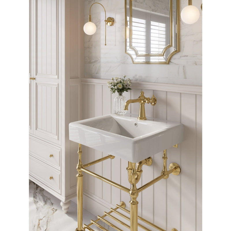 Edwardian 20-Inch Ceramic Console Sink with Brass Legs and Shelf (1-Hole)
