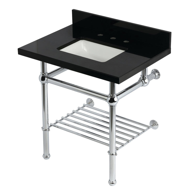 Templeton 30-Inch Black Granite Console Sink with Brass Legs and Shelf (8-Inch, 3-Hole)