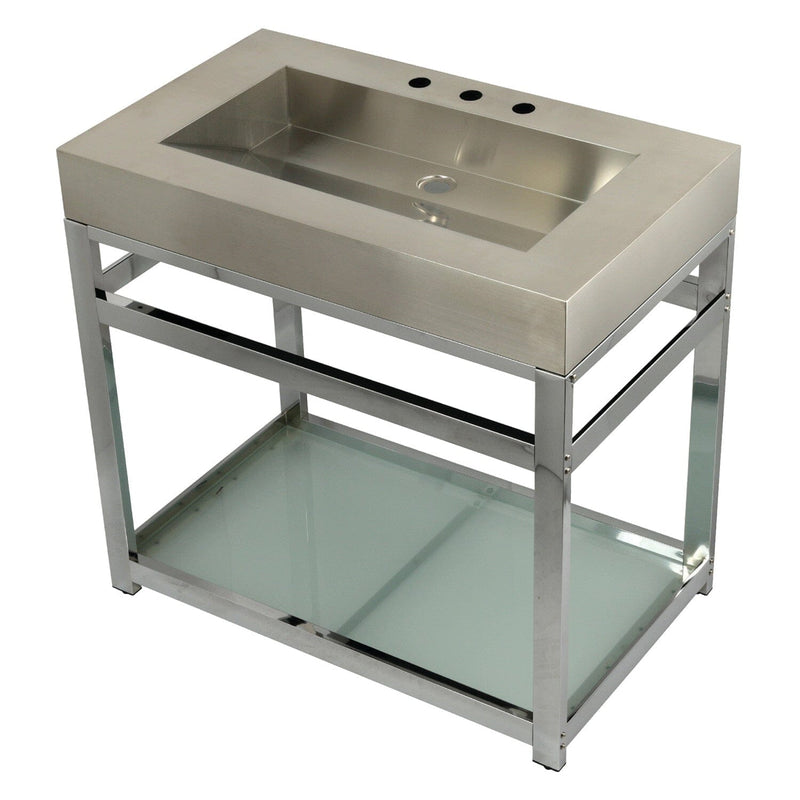 Kingston Commercial 37-Inch Stainless Steel Console Sink with Steel Base and Glass Shelf (8-Inch, 3-Hole)