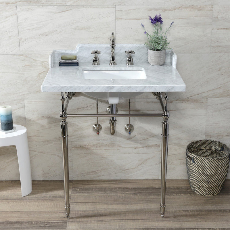 Habsburg 30-Inch Carrara Marble Console Sink with Brass Legs (8-Inch, 3-Hole)