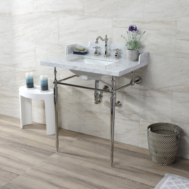 Habsburg 30-Inch Carrara Marble Console Sink with Brass Legs (8-Inch, 3-Hole)