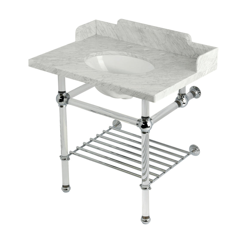 Pemberton 30-Inch Carrara Marble Console Sink with Acrylic Legs and Shelf (8-Inch, 3-Hole)
