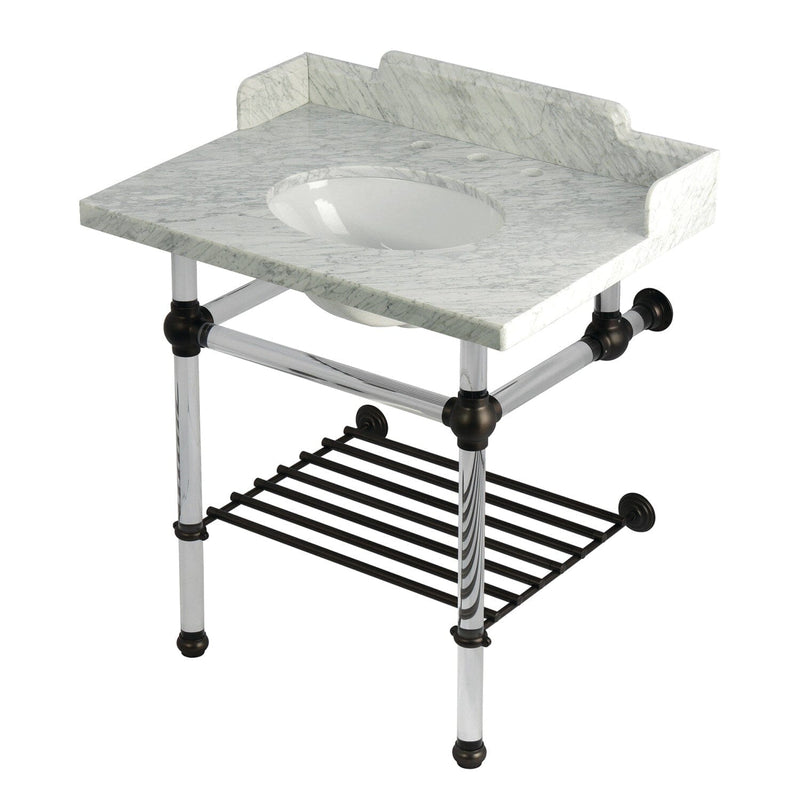 Pemberton 30-Inch Carrara Marble Console Sink with Acrylic Legs and Shelf (8-Inch, 3-Hole)