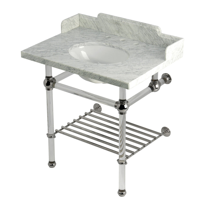 Pemberton 30-Inch Carrara Marble Console Sink with Acrylic Legs and Shelf (8-Inch, 3-Hole)