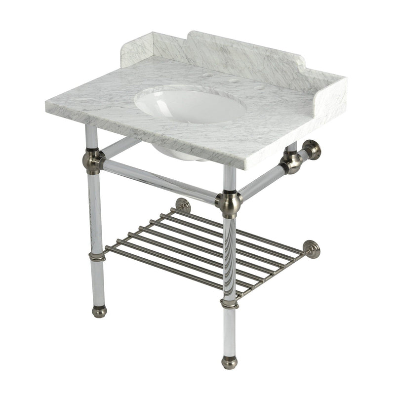 Pemberton 30-Inch Carrara Marble Console Sink with Acrylic Legs and Shelf (8-Inch, 3-Hole)