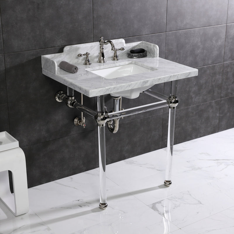 Pemberton 30-Inch Carrara Marble Console Sink with Acrylic Legs (8-Inch, 3-Hole)