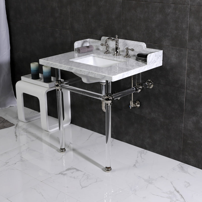 Pemberton 30-Inch Carrara Marble Console Sink with Acrylic Legs (8-Inch, 3-Hole)