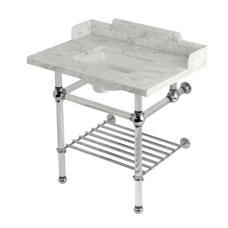 Pemberton 30-Inch Carrara Marble Console Sink with Acrylic Legs and Shelf (8-Inch, 3-Hole)