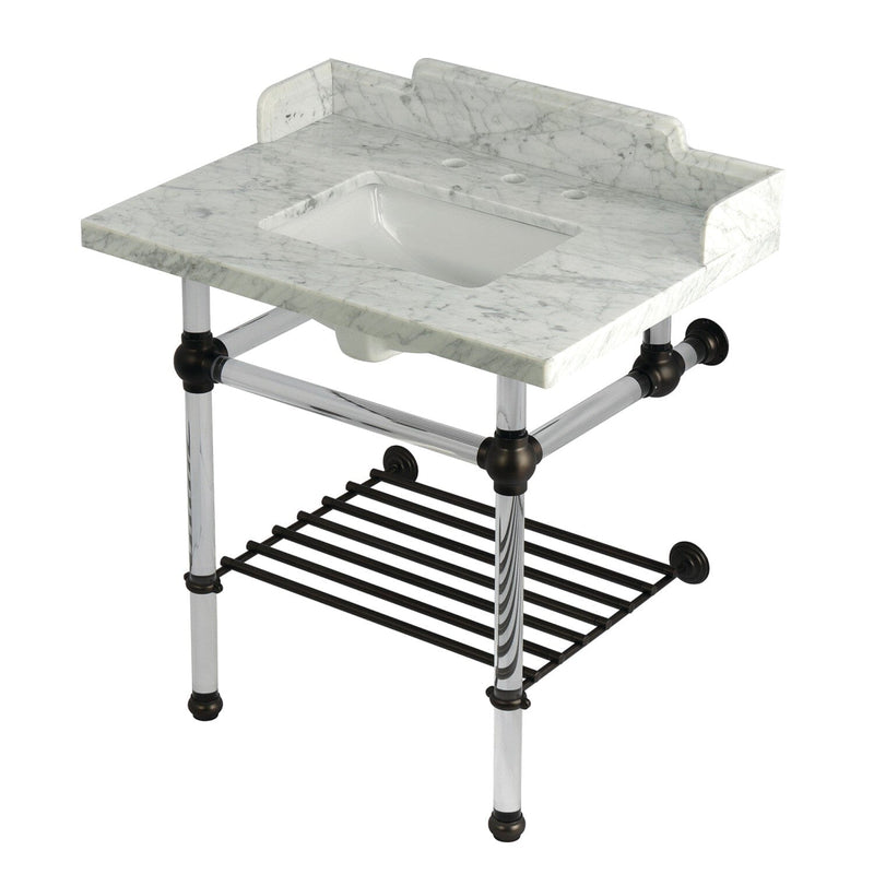 Pemberton 30-Inch Carrara Marble Console Sink with Acrylic Legs and Shelf (8-Inch, 3-Hole)