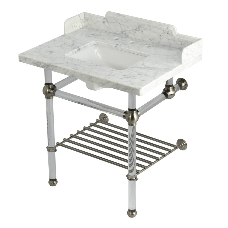 Pemberton 30-Inch Carrara Marble Console Sink with Acrylic Legs and Shelf (8-Inch, 3-Hole)