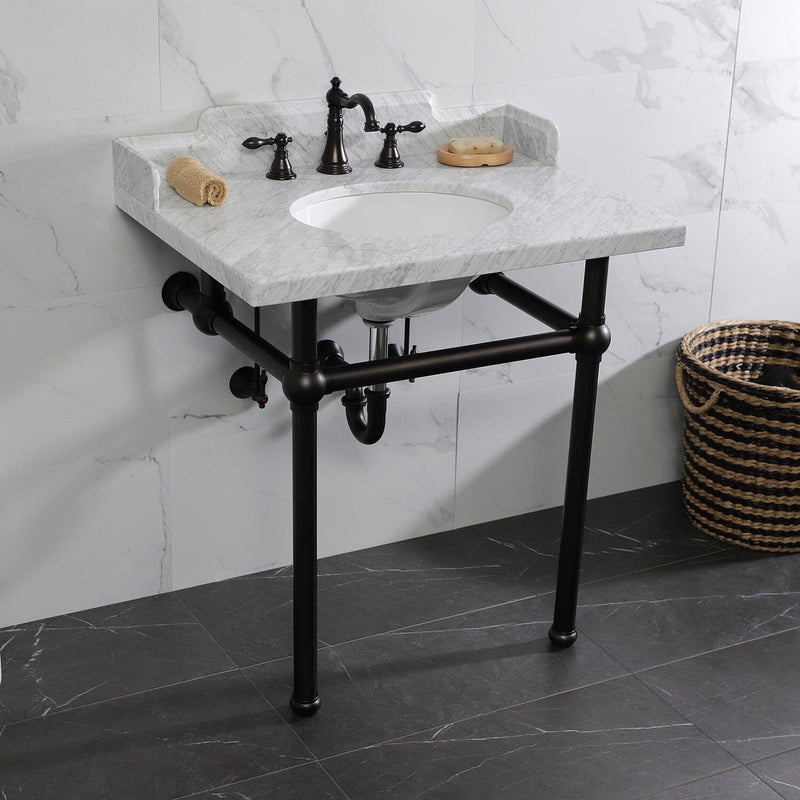 Pemberton 30-Inch Carrara Marble Console Sink with Brass Legs (8-Inch, 3-Hole)