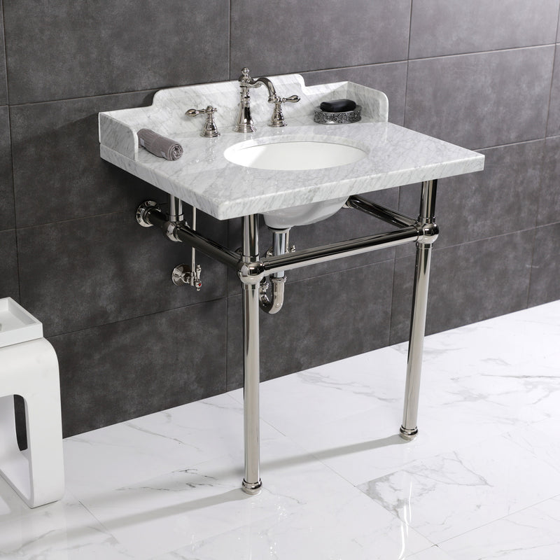 Pemberton 30-Inch Carrara Marble Console Sink with Brass Legs (8-Inch, 3-Hole)