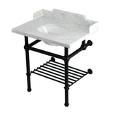 Pemberton 30-Inch Carrara Marble Console Sink with Brass Legs and Shelf (8-Inch, 3-Hole)