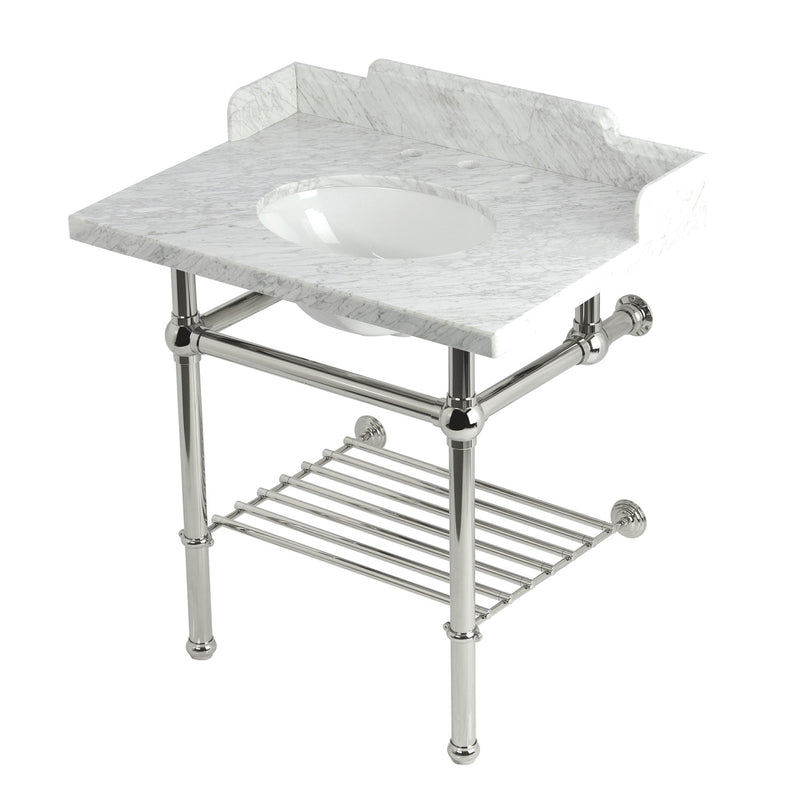 Pemberton 30-Inch Carrara Marble Console Sink with Brass Legs and Shelf (8-Inch, 3-Hole)