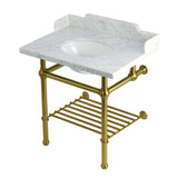 Pemberton 30-Inch Carrara Marble Console Sink with Brass Legs and Shelf (8-Inch, 3-Hole)