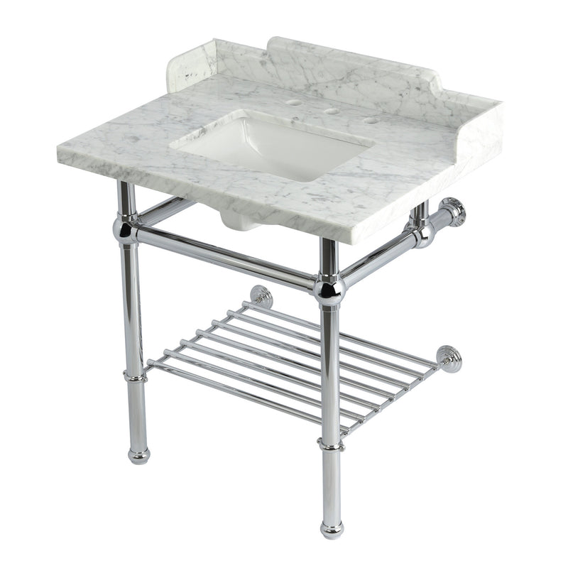 Pemberton 30-Inch Carrara Marble Console Sink with Brass Legs and Shelf (8-Inch, 3-Hole)