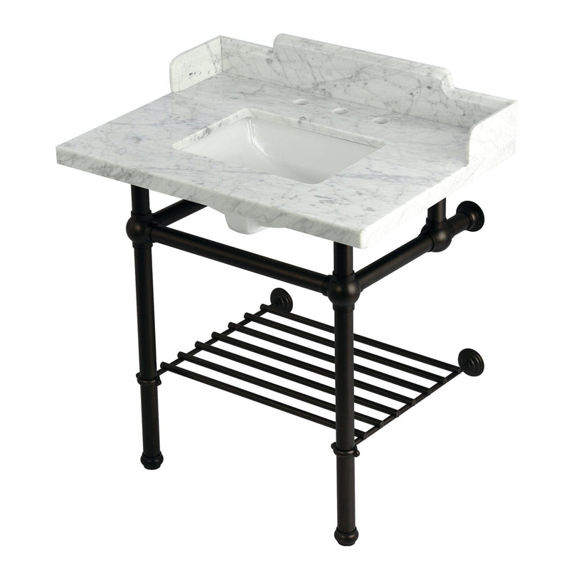 Pemberton 30-Inch Carrara Marble Console Sink with Brass Legs and Shelf (8-Inch, 3-Hole)