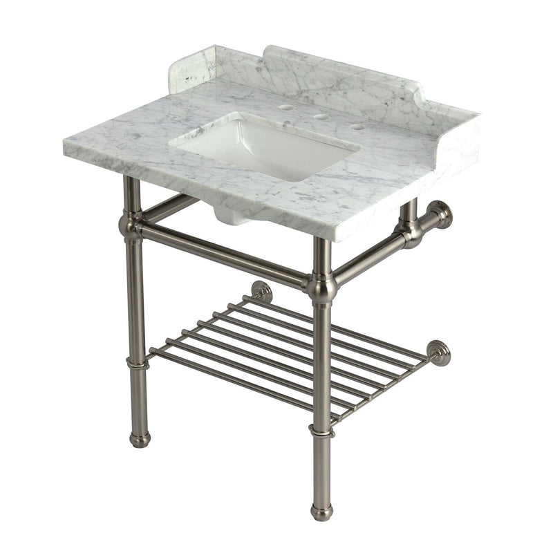 Pemberton 30-Inch Carrara Marble Console Sink with Brass Legs and Shelf (8-Inch, 3-Hole)